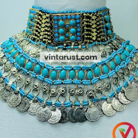 Turquoise Beaded and Stone Choker Necklace With Vintage Dangling Coins - Picture 6 of 15